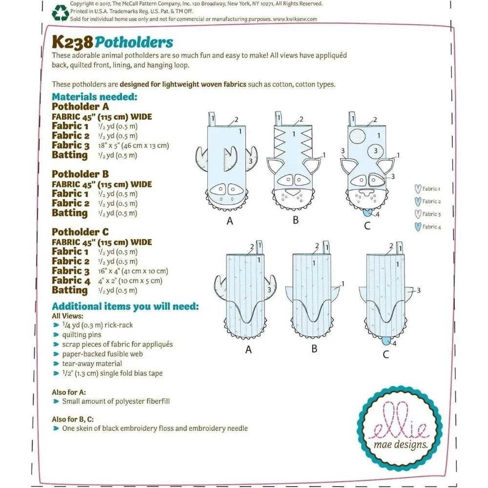 Kwik‎ Sew Sewing Pattern K238 Ellie Mae Designs Potholders